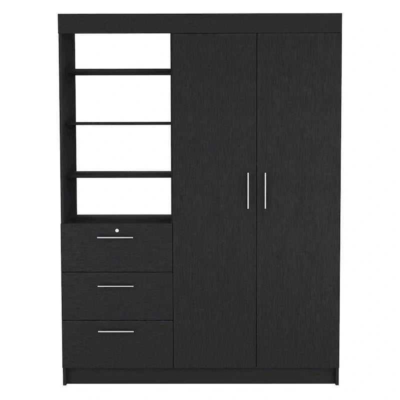Armoire 3 tiroirs Kenya avec 3 étagères supérieures, 2 cintres, poignées en métal, blanc - N/A