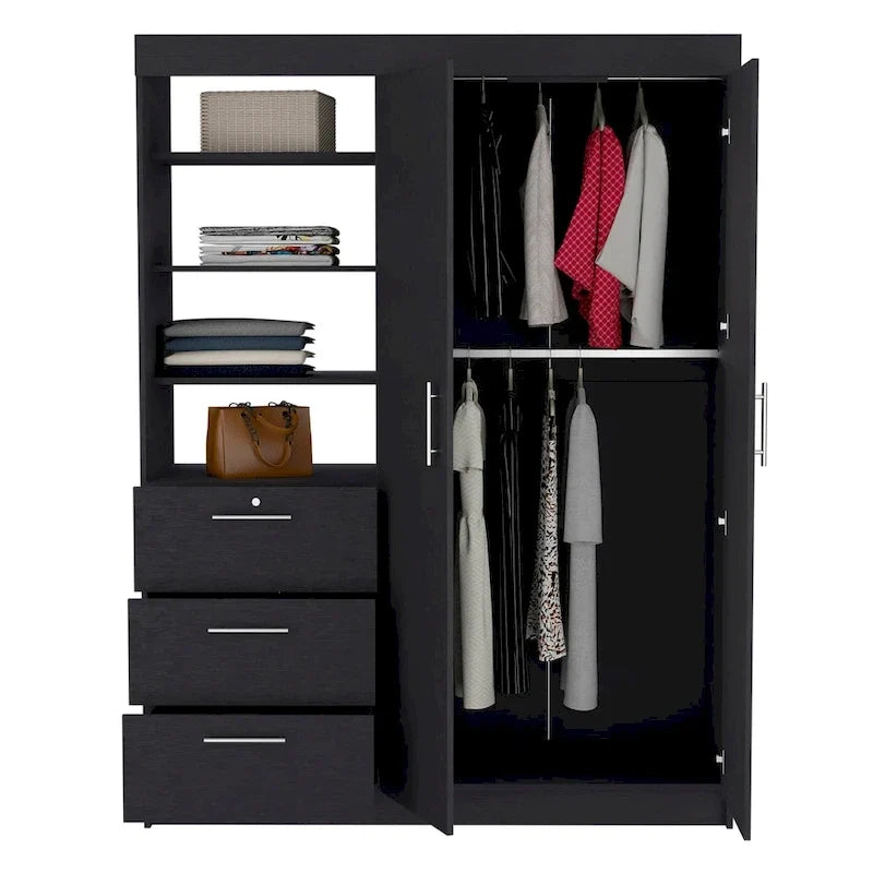 Armoire 3 tiroirs Kenya avec 3 étagères supérieures, 2 cintres, poignées en métal, blanc - N/A