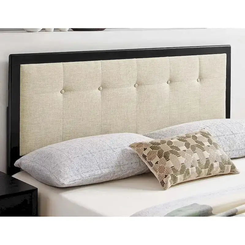 Tête de lit King Size Marlin traditionnelle en tissu beige capitonné avec cadre en bois noir