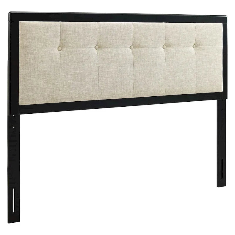 Tête de lit King Size Marlin traditionnelle en tissu beige capitonné avec cadre en bois noir