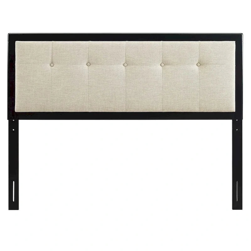 Tête de lit King Size Marlin traditionnelle en tissu beige capitonné avec cadre en bois noir