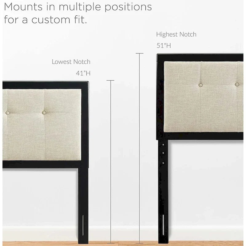 Tête de lit King Size Marlin traditionnelle en tissu beige capitonné avec cadre en bois noir