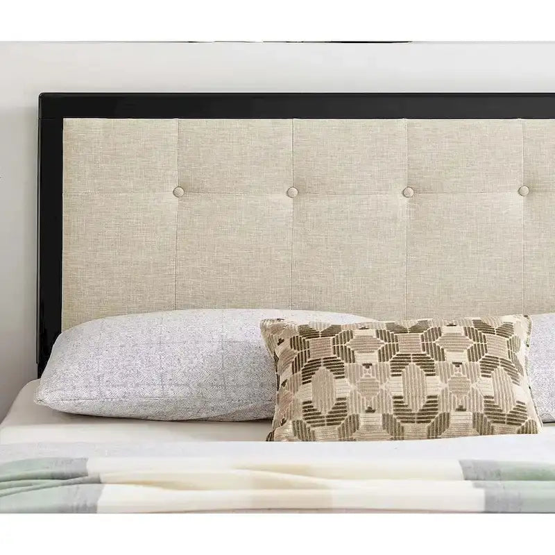 Tête de lit King Size Marlin traditionnelle en tissu beige capitonné avec cadre en bois noir