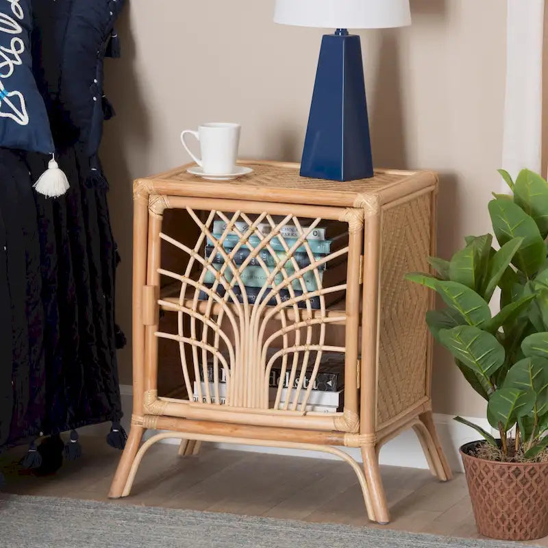 Table de chevet Danna en rotin naturel marron style bohème moderne
