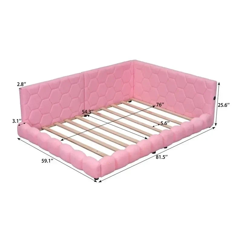 Lit plateforme rembourré Teddy pleine grandeur avec ports USB et bande LED
