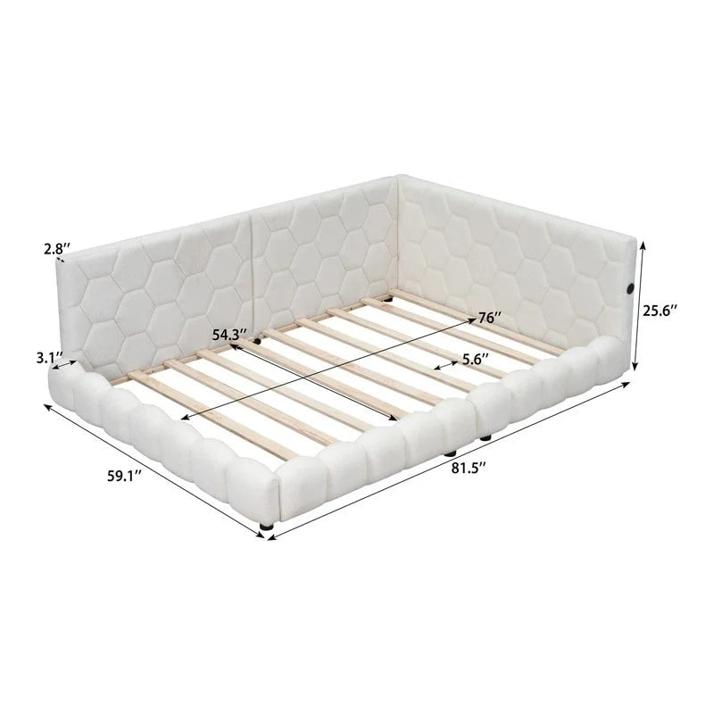 Lit plateforme rembourré Teddy pleine grandeur avec ports USB et bande LED