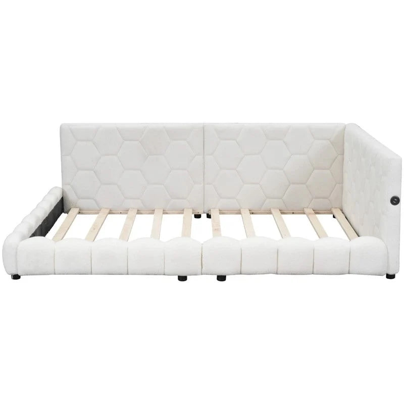 Lit plateforme rembourré Teddy pleine grandeur avec ports USB et bande LED