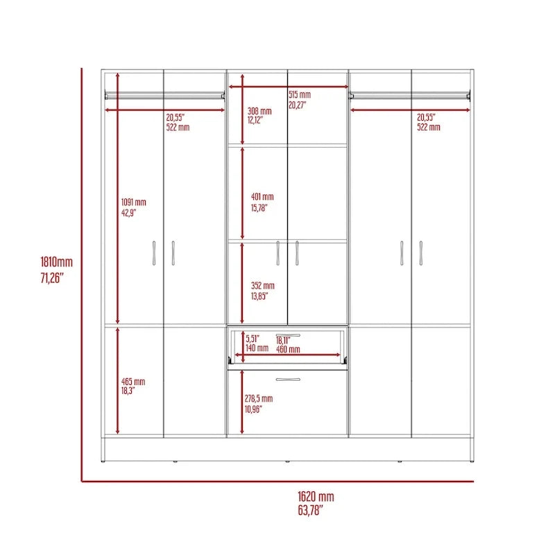 Mitu Six Doors Armoire, Seven Interior Shelves, One Drawer, Hanging Rod - N/A