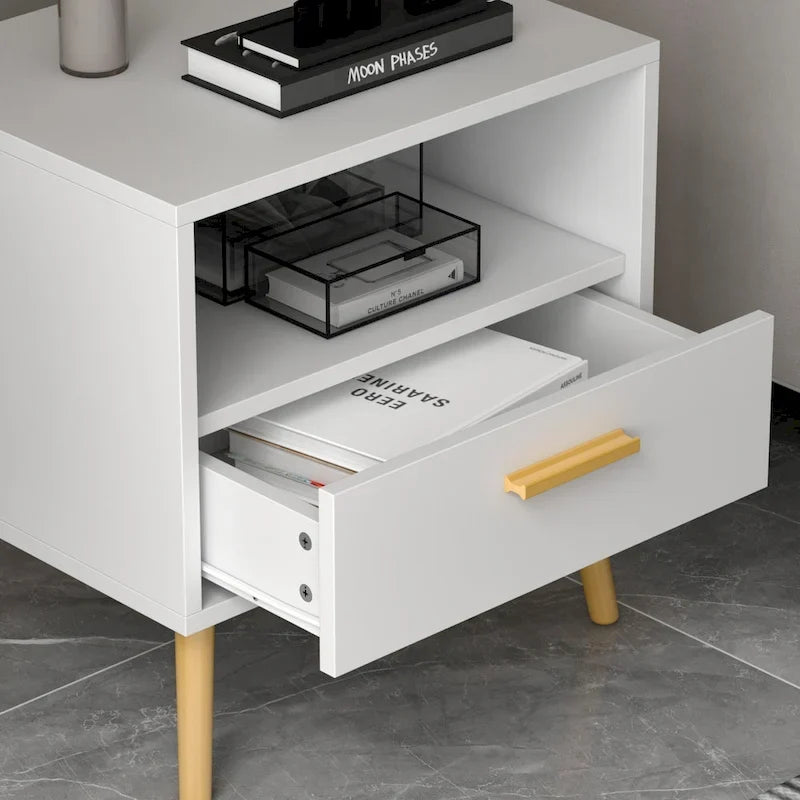 Table de chevet moderne Timechee blanche avec 1 tiroir et étagère ouverte