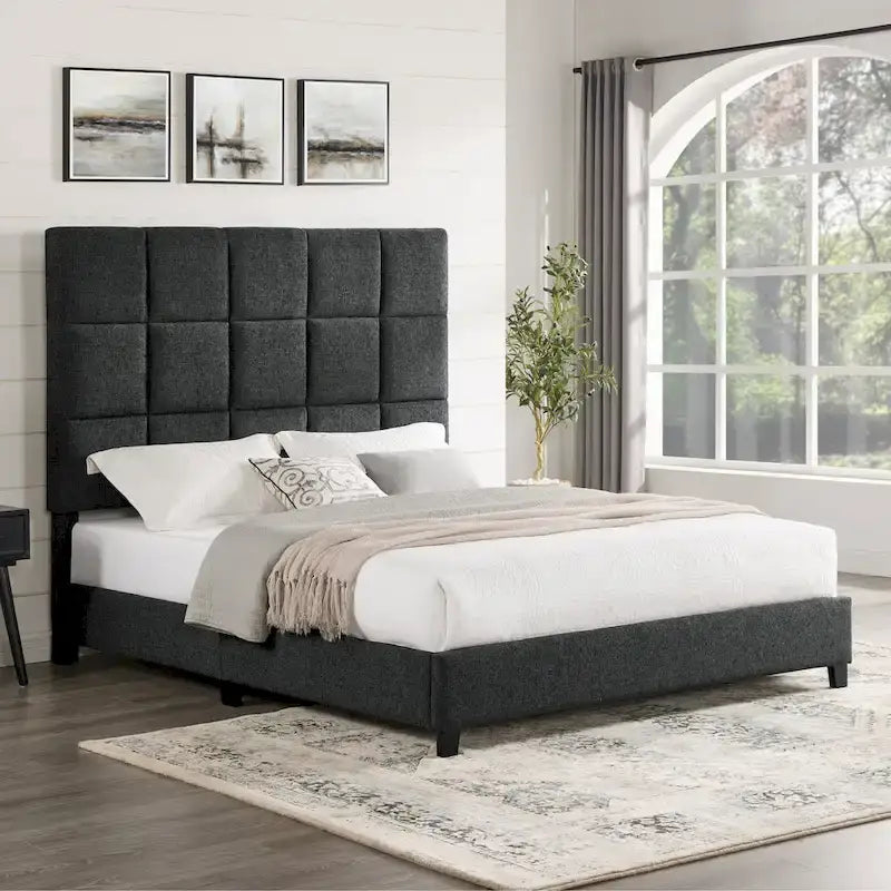 Lit plateforme capitonné Bridgevine Home Tall Granite Dark Grey Square Headboard