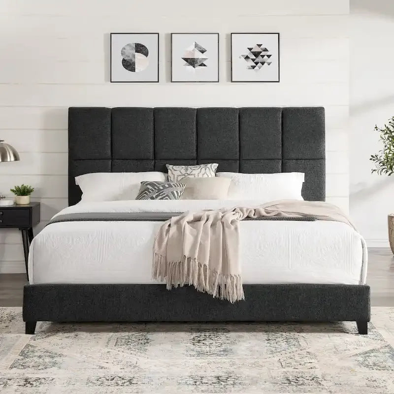 Lit plateforme capitonné Bridgevine Home Tall Granite Dark Grey Square Headboard