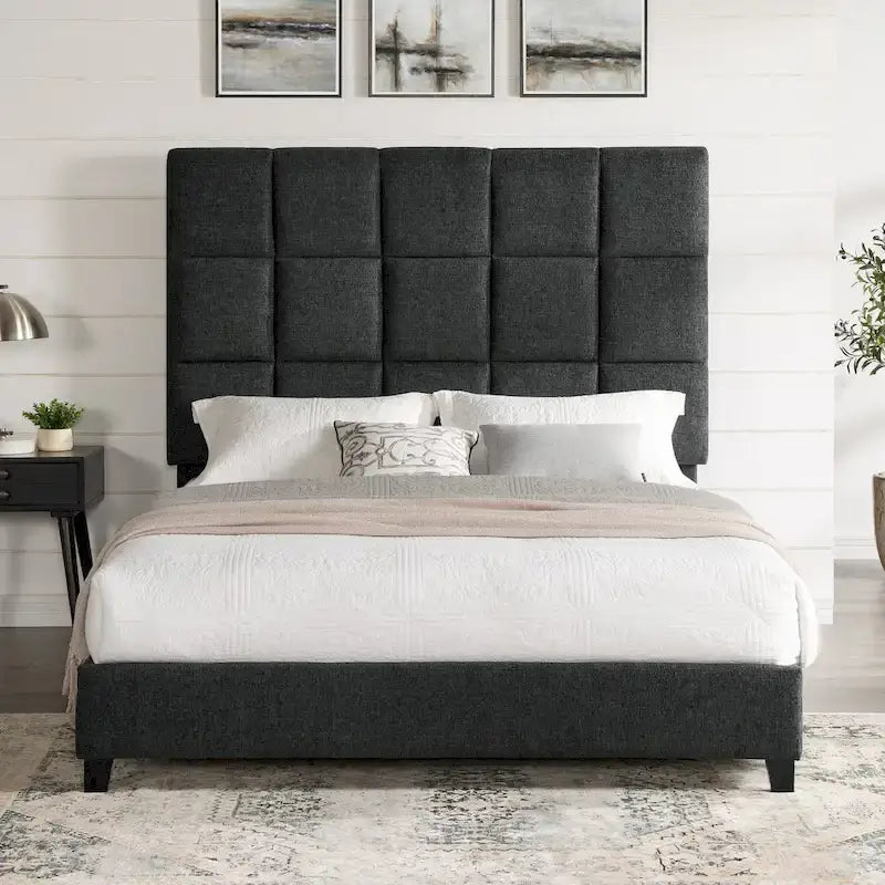 Lit plateforme capitonné Bridgevine Home Tall Granite Dark Grey Square Headboard