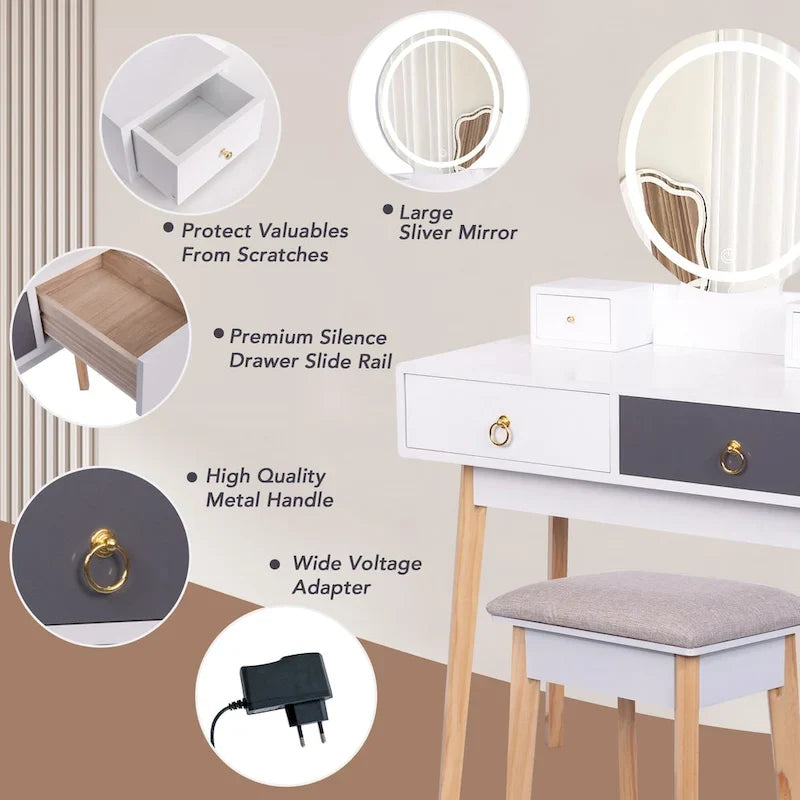 Coiffeuse moderne avec miroir et lumières, ensemble de 4 tiroirs pour le maquillage