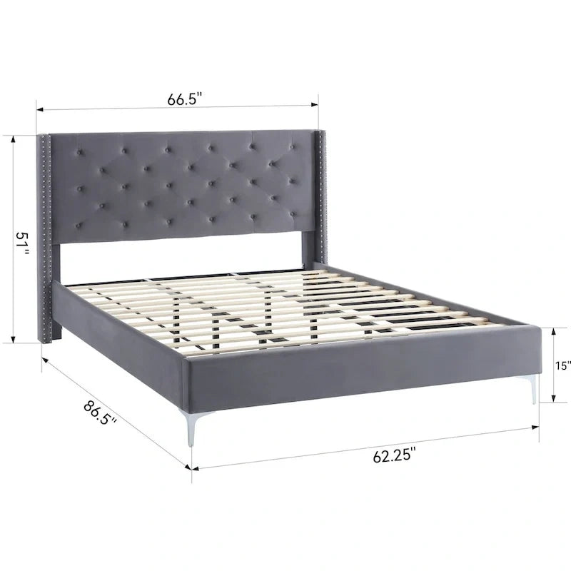 Cadre de lit plateforme Morden Fort Queen Size en velours avec pieds en métal de 15 cm