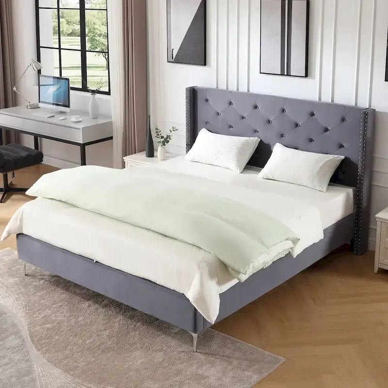 Cadre de lit plateforme Morden Fort Queen Size en velours avec pieds en métal de 15 cm