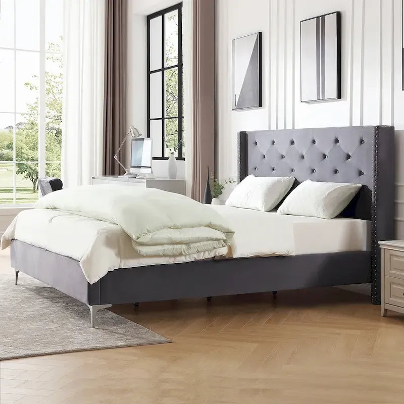 Cadre de lit plateforme Morden Fort Queen Size en velours avec pieds en métal de 15 cm