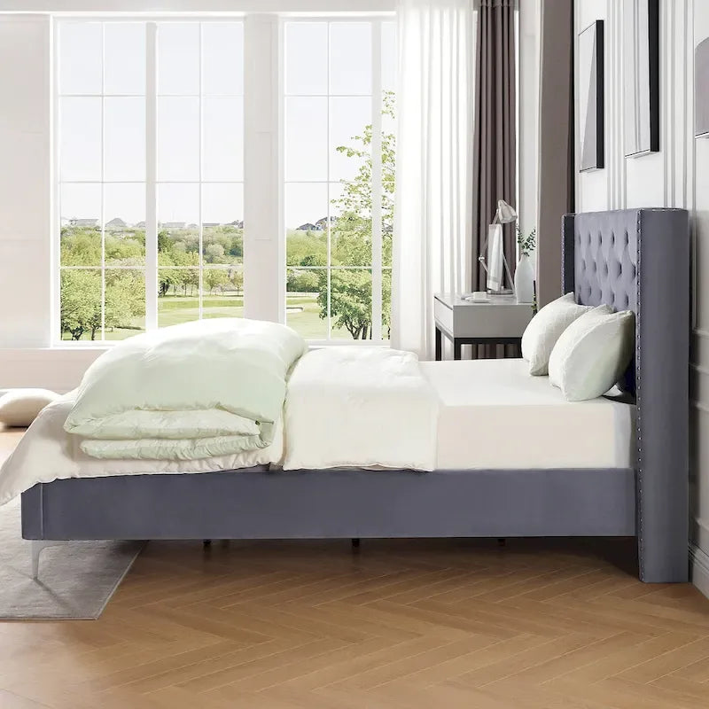Cadre de lit plateforme Morden Fort Queen Size en velours avec pieds en métal de 15 cm