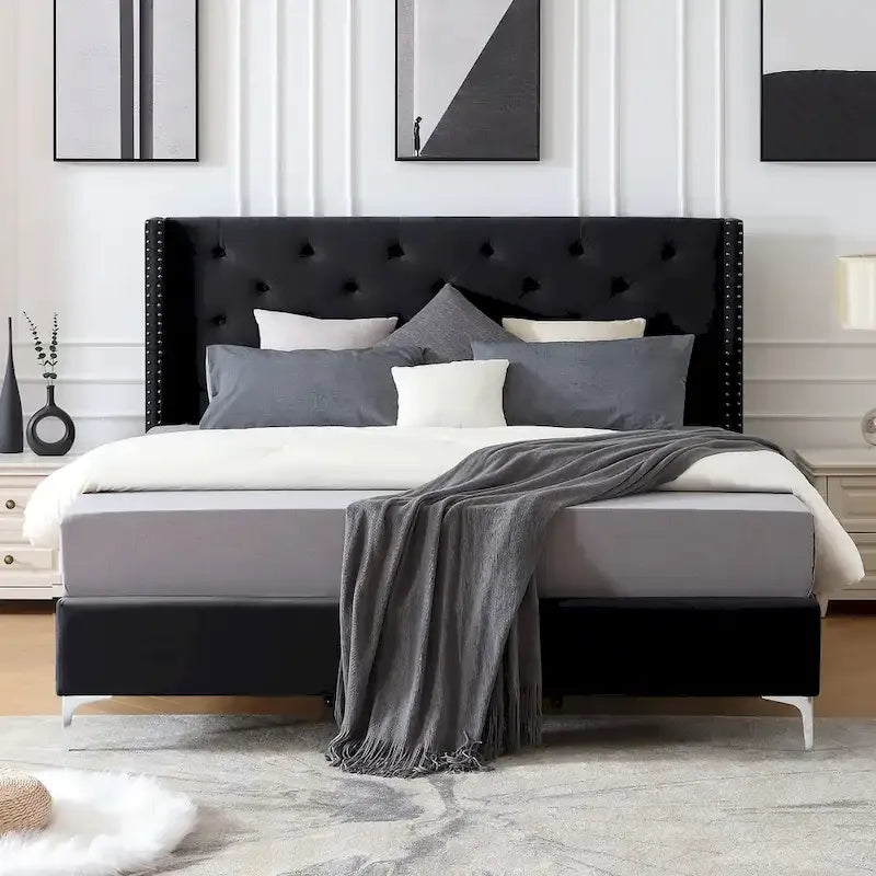Cadre de lit plateforme Morden Fort Queen Size en velours avec pieds en métal de 15 cm