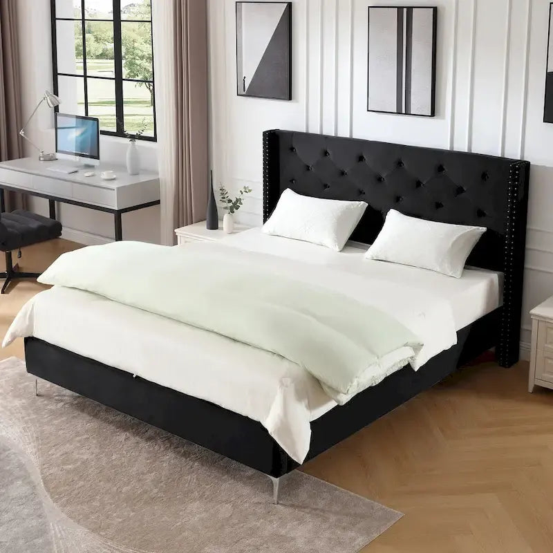Cadre de lit plateforme Morden Fort Queen Size en velours avec pieds en métal de 15 cm