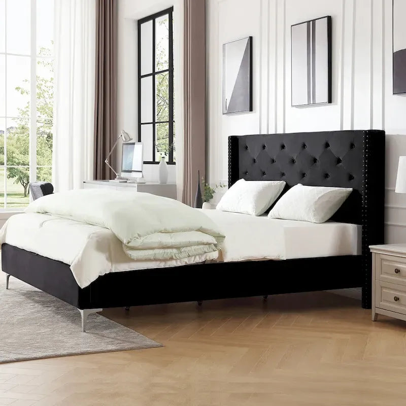 Cadre de lit plateforme Morden Fort Queen Size en velours avec pieds en métal de 15 cm
