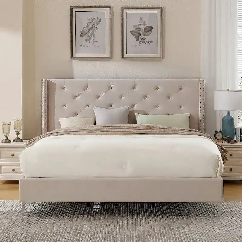 Cadre de lit plateforme Morden Fort Queen Size en velours avec pieds en métal de 15 cm