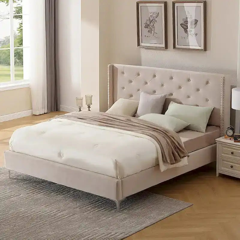 Cadre de lit plateforme Morden Fort Queen Size en velours avec pieds en métal de 15 cm