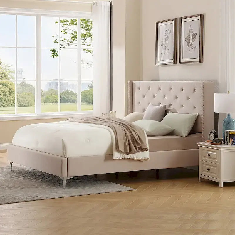 Cadre de lit plateforme Morden Fort Queen Size en velours avec pieds en métal de 15 cm