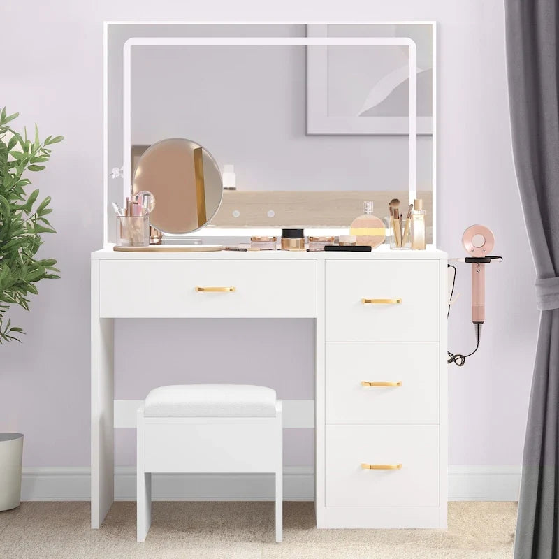 Toeletta Moasis con sgabello imbottito, set scrivania da trucco - 35,43L x 15,74W x 53,54H