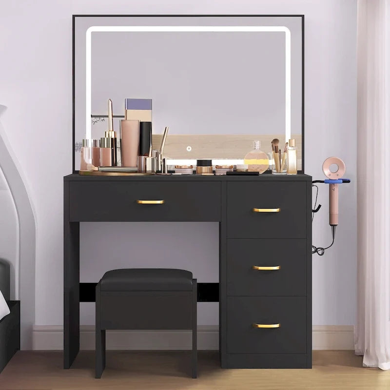 Toeletta Moasis con sgabello imbottito, set scrivania da trucco - 35,43L x 15,74W x 53,54H