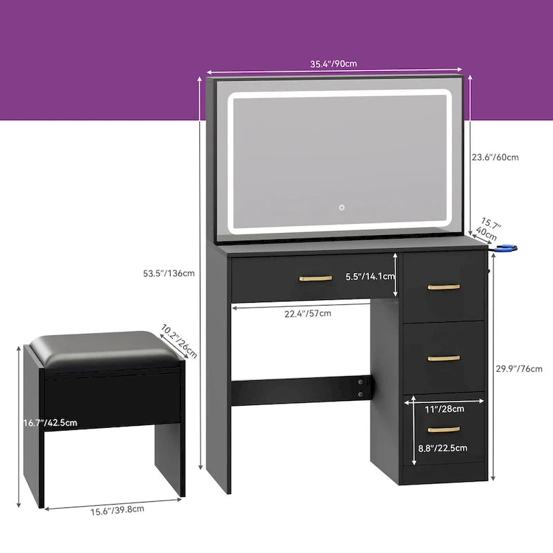 Toeletta Moasis con sgabello imbottito, set scrivania da trucco - 35,43L x 15,74W x 53,54H