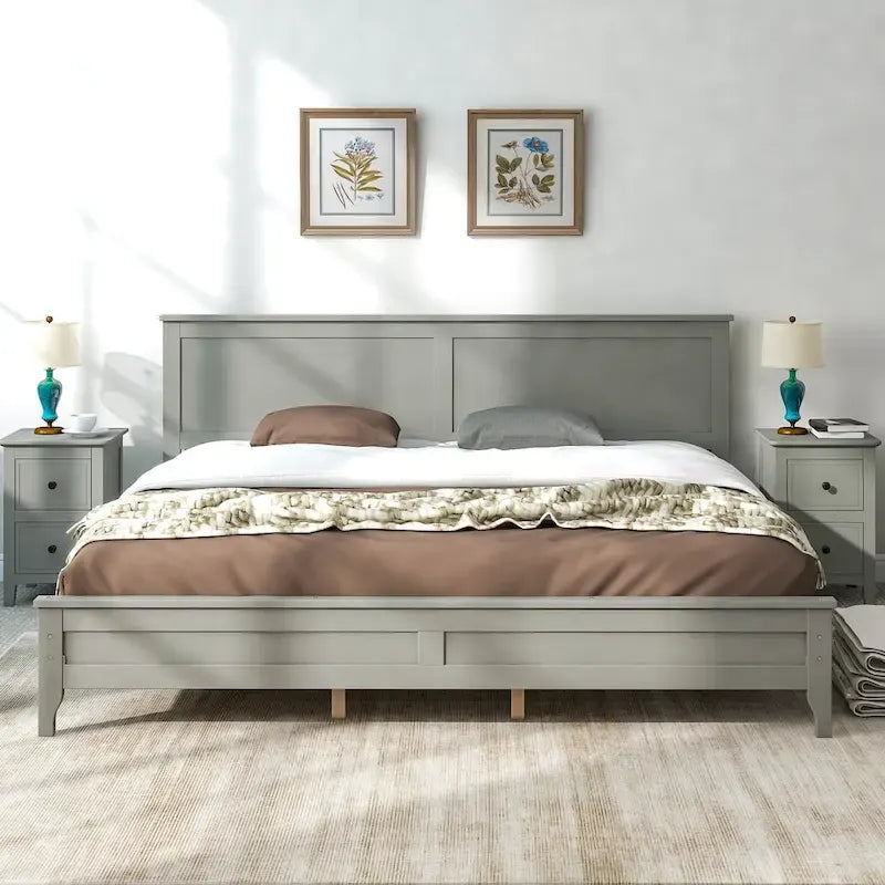Lit plateforme king en bois massif gris moderne