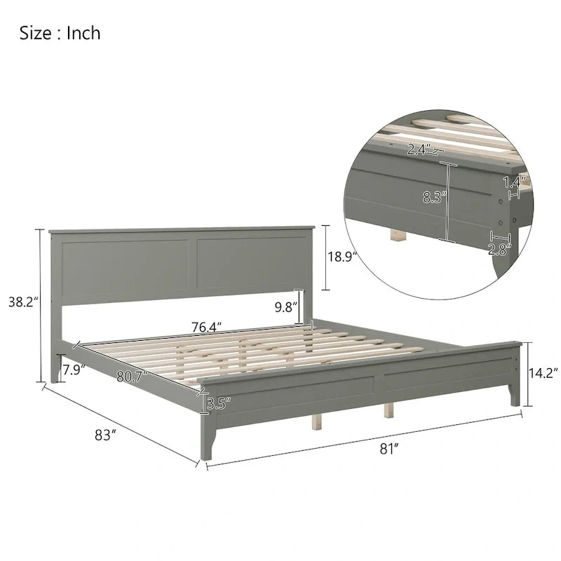 Lit plateforme king en bois massif gris moderne