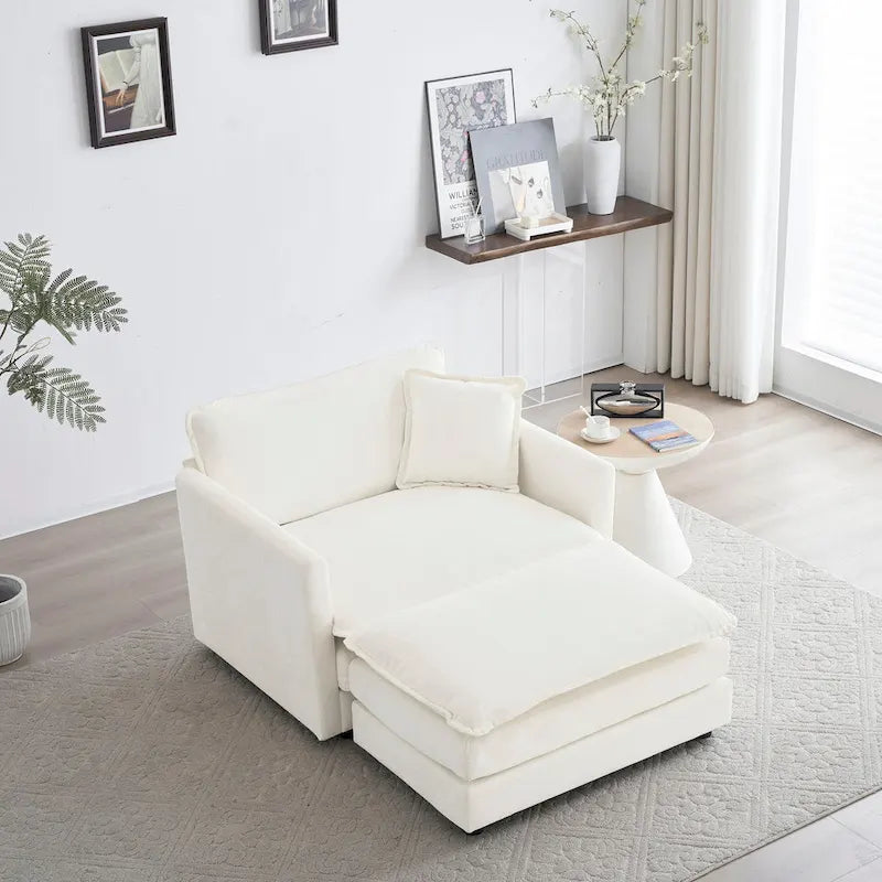 Fauteuil d'appoint moderne avec pouf, fauteuil de salon en chenille, fauteuil de lecture pour chambre à coucher, blanc