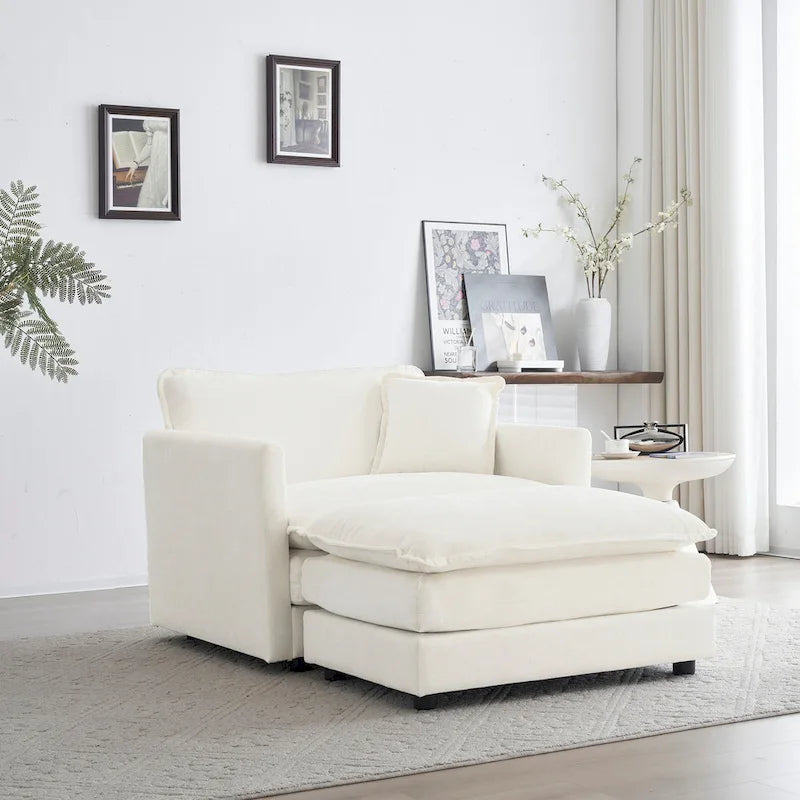 Fauteuil d'appoint moderne avec pouf, fauteuil de salon en chenille, fauteuil de lecture pour chambre à coucher, blanc