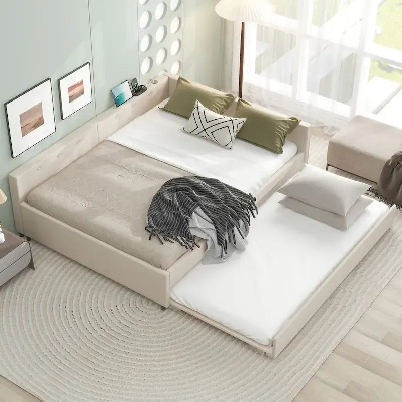 Letto imbottito a piattaforma Queen Size con USB e letto estraibile Twin Size, Beige