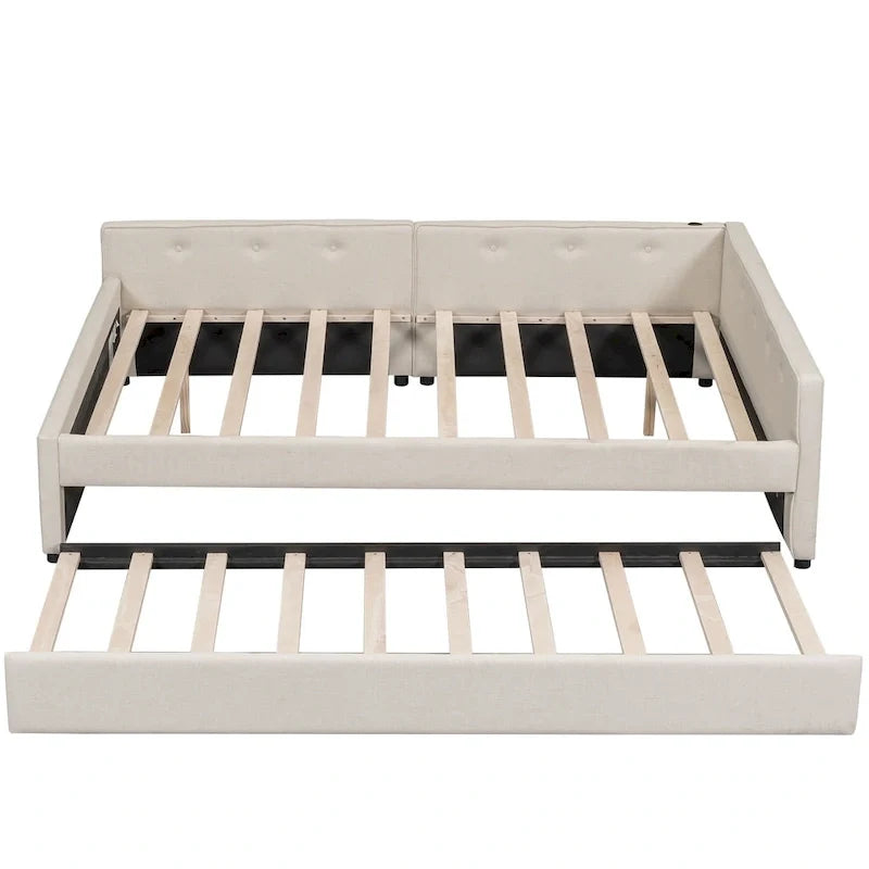 Letto imbottito a piattaforma Queen Size con USB e letto estraibile Twin Size, Beige