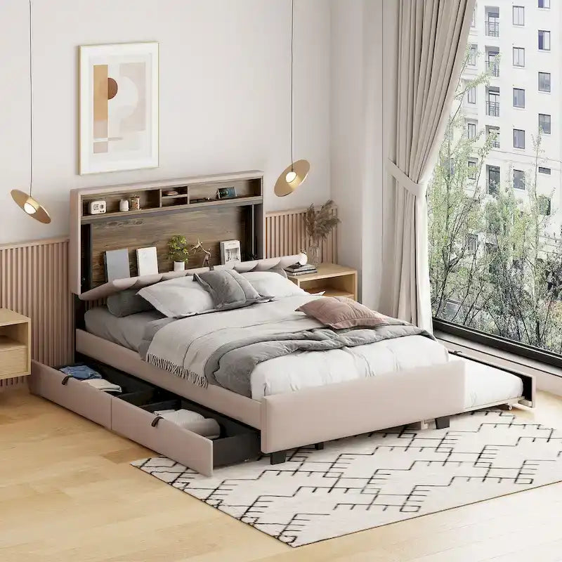 Lit plateforme rembourré pleine grandeur avec tête de lit de rangement, lit gigogne et 2 tiroirs, ports USB, lin, beige
