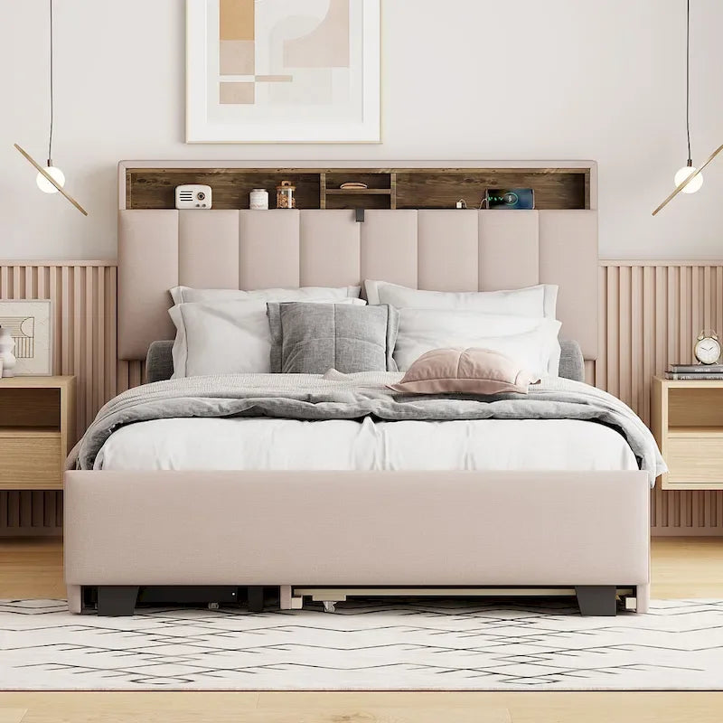 Lit plateforme rembourré pleine grandeur avec tête de lit de rangement, lit gigogne et 2 tiroirs, ports USB, lin, beige
