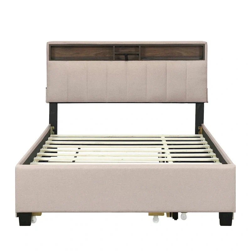 Lit plateforme rembourré pleine grandeur avec tête de lit de rangement, lit gigogne et 2 tiroirs, ports USB, lin, beige