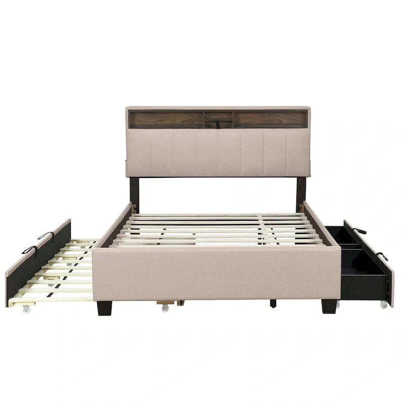 Lit plateforme rembourré pleine grandeur avec tête de lit de rangement, lit gigogne et 2 tiroirs, ports USB, lin, beige