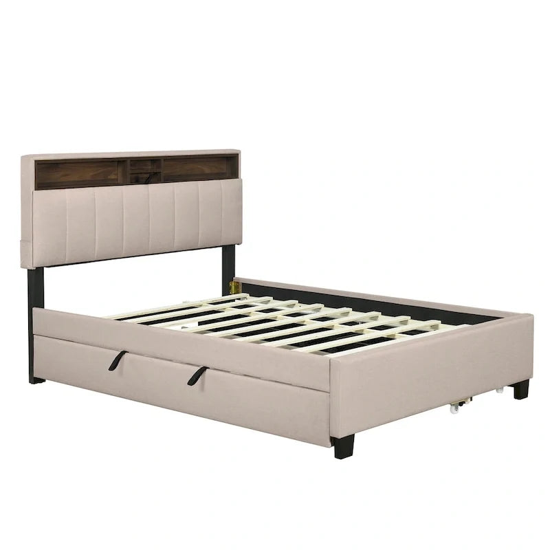Lit plateforme rembourré pleine grandeur avec tête de lit de rangement, lit gigogne et 2 tiroirs, ports USB, lin, beige