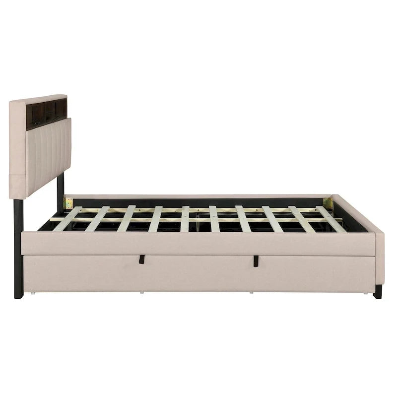 Lit plateforme rembourré pleine grandeur avec tête de lit de rangement, lit gigogne et 2 tiroirs, ports USB, lin, beige
