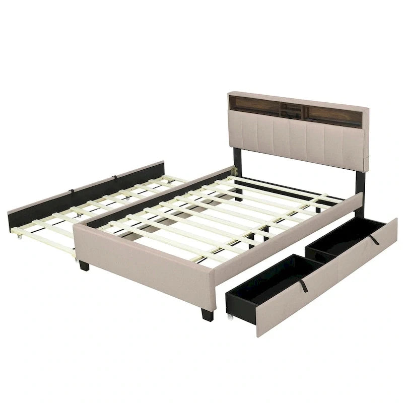 Lit plateforme rembourré pleine grandeur avec tête de lit de rangement, lit gigogne et 2 tiroirs, ports USB, lin, beige