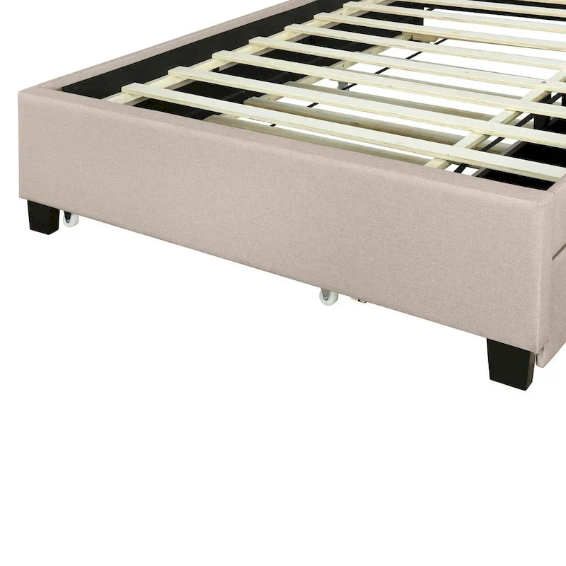 Lit plateforme rembourré pleine grandeur avec tête de lit de rangement, lit gigogne et 2 tiroirs, ports USB, lin, beige