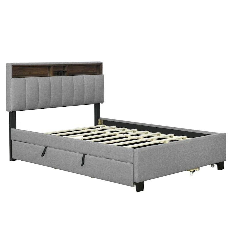 Lit plateforme rembourré pleine grandeur avec tête de lit de rangement, lit gigogne et 2 tiroirs, ports USB, lin, beige