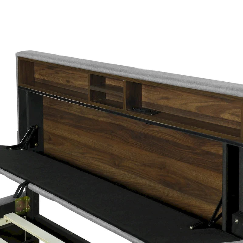 Lit plateforme rembourré pleine grandeur avec tête de lit de rangement, lit gigogne et 2 tiroirs, ports USB, lin, beige