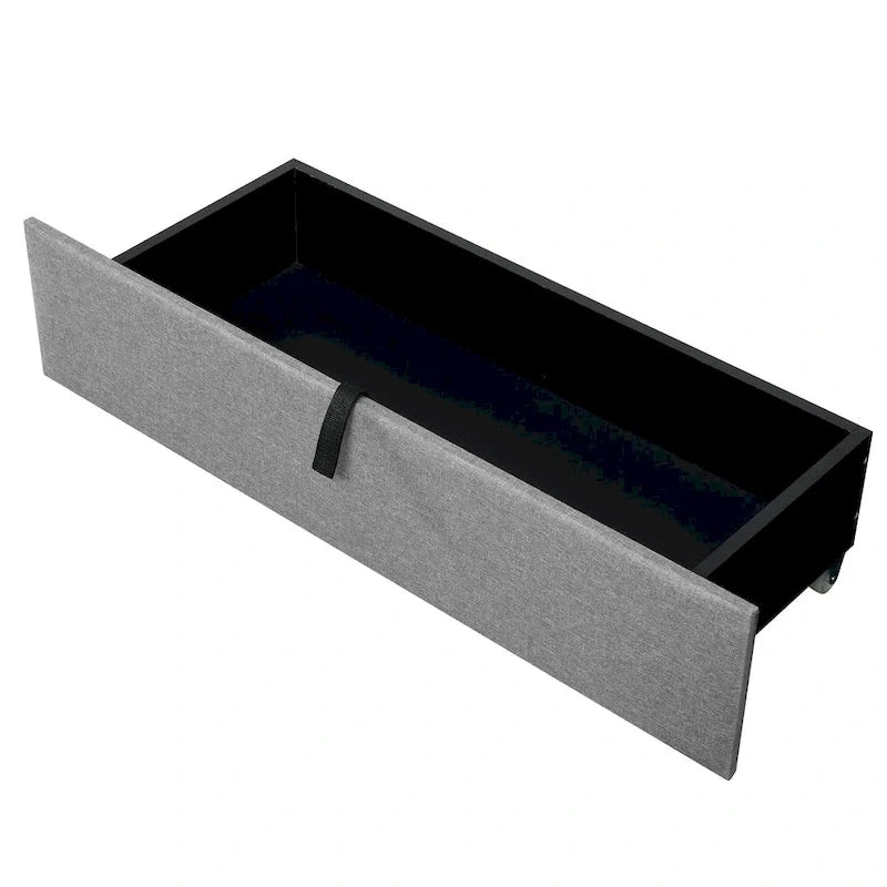 Lit plateforme rembourré pleine grandeur avec tête de lit de rangement, lit gigogne et 2 tiroirs, ports USB, lin, beige