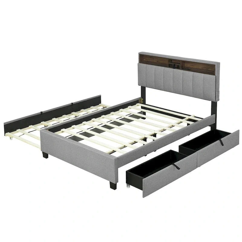 Lit plateforme rembourré pleine grandeur avec tête de lit de rangement, lit gigogne et 2 tiroirs, ports USB, lin, beige