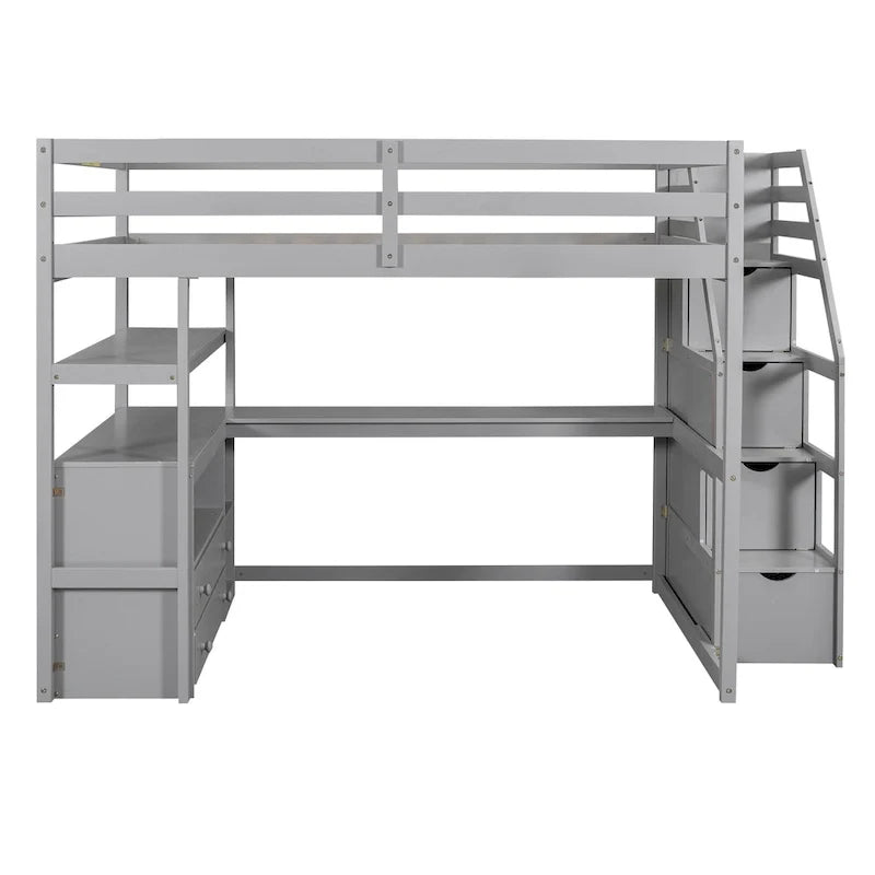 Letto a soppalco full size con scrivania e scaffali, due cassetti integrati, scala contenitore, grigio
