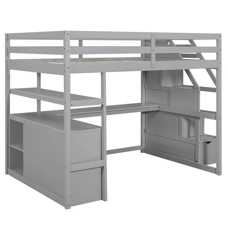 Letto a soppalco full size con scrivania e scaffali, due cassetti integrati, scala contenitore, grigio